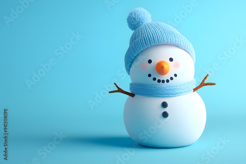 3d cartoon Happy snowman wearing a scarf and hat isolated on blue background