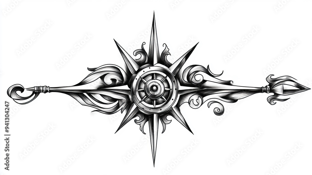 Fototapeta premium Detailed symmetrical tattoo design of wings, showcasing intricate feather work in black and white