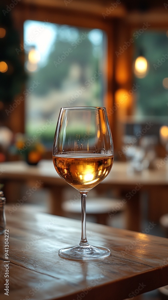 White wine in glass on a rustic wooden table White wine in glass on a rustic wooden table