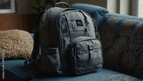 A backpack placed comfortably on the sofa photo