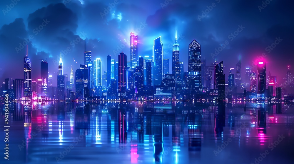 Obraz premium A futuristic cityscape with neon lights reflected in the water.
