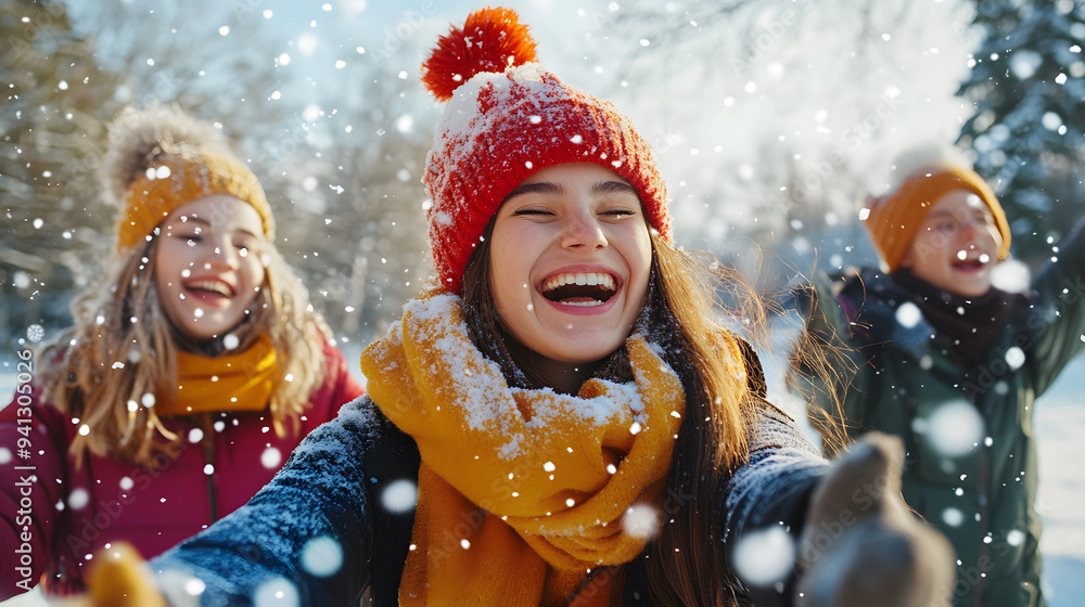 Happy girl breathing fresh air enjoying snow in winter Happy girl breathing fresh air enjoying snow in winter