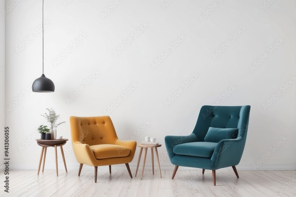 Fototapeta premium Two Armchairs Facing Each Other with a Side Table in a Modern Room