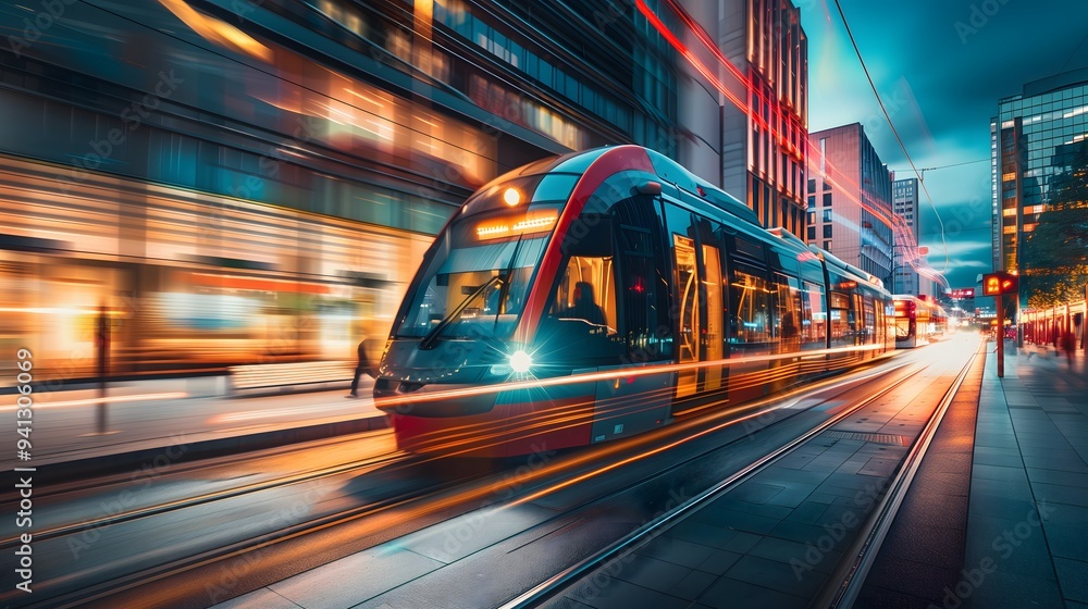 A photograph of an electric train moving rapidly through the city, with buildings on both sides A photograph of an electric train moving rapidly through the city, with buildings on both sides