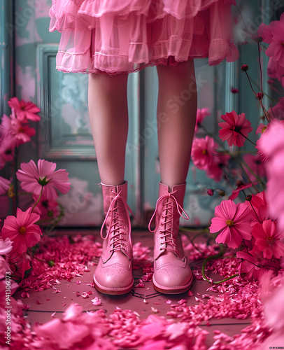 Romantic pink tulle skirt and military boots, gothic lolita style.