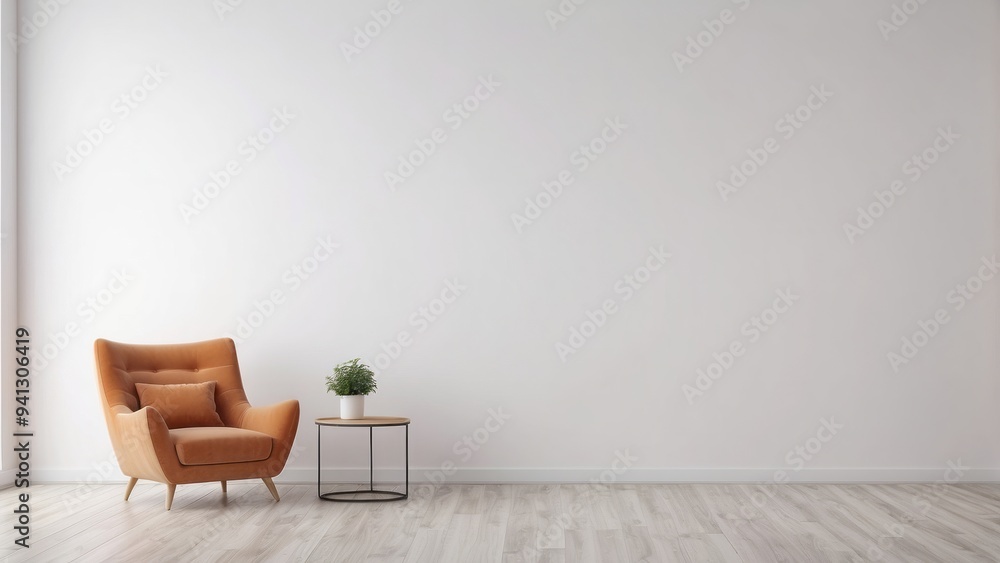 Minimalist Living Room with Orange Armchair and Side Table Minimalist Living Room with Orange Armchair and Side Table