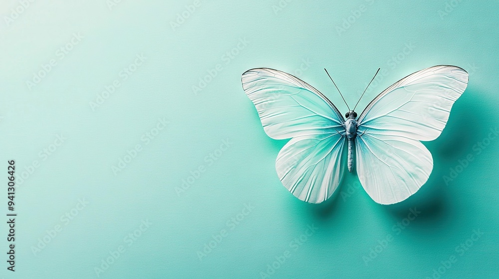 A blue and white butterfly perches atop a blue wall adjacent to a black and white clock mounted on the wall A blue and white butterfly perches atop a blue wall adjacent to a black and white clock mounted on the wall