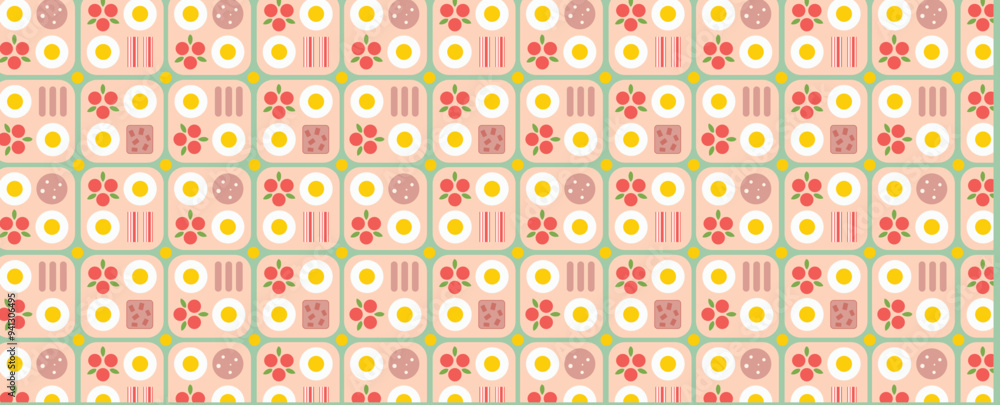 Kitchen Pattern with fried eggs, cherry tomatoes, arugula and sausage. Vector seamless background with breakfast theme. For textile, fabric, wallpaper, packaging. Kitchen Pattern with fried eggs, cherry tomatoes, arugula and sausage. Vector seamless background with breakfast theme. For textile, fabric, wallpaper, packaging.