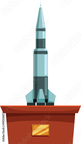 Cartoon space rocket standing on podium for exhibition in museum