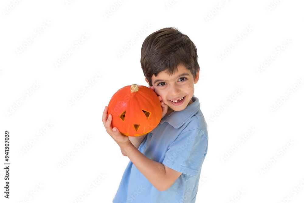 Boy with halloween pumpkin on white background. Holiday concept. Trick or treat. Jack O Lantern pumpkin Boy with halloween pumpkin on white background. Holiday concept. Trick or treat. Jack O Lantern pumpkin
