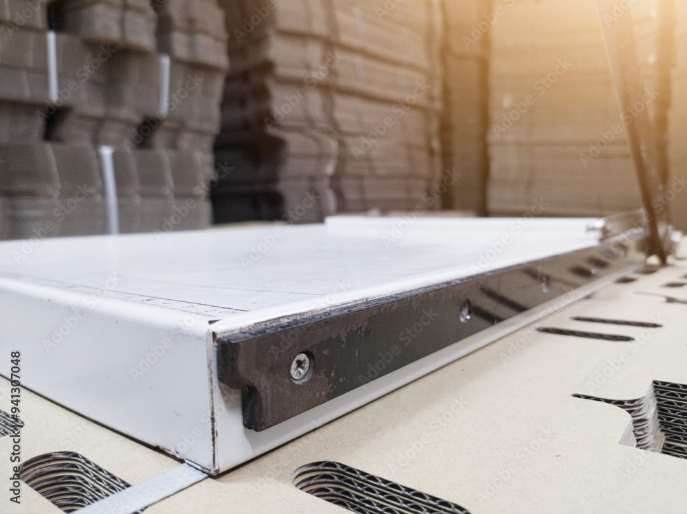 Close up of the paper cutter with a background of a pile of brown cardboard and shiny light. Close up of the paper cutter with a background of a pile of brown cardboard and shiny light.