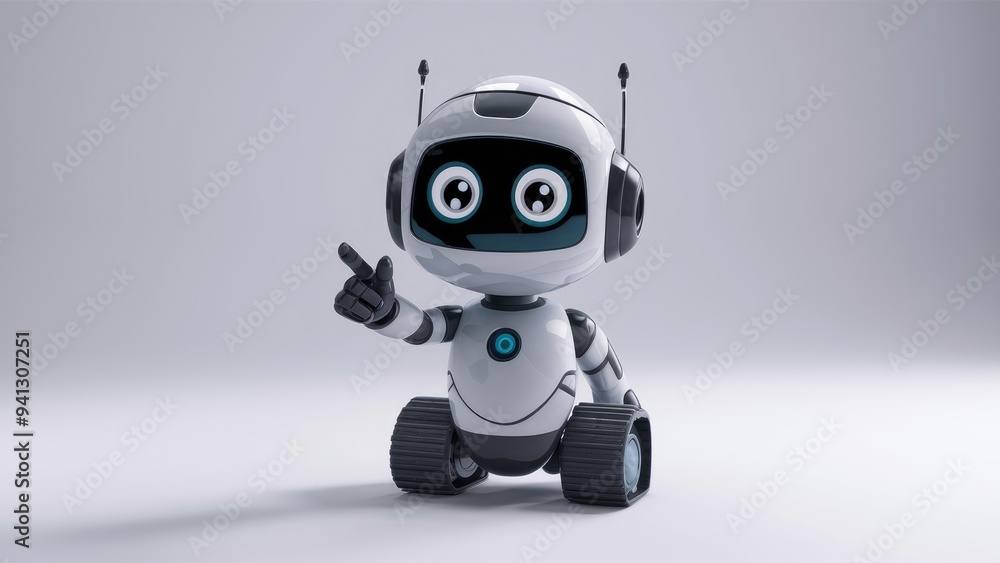 3D rendering of a small, cute artificial intelligence robot with a cartoon character design, pointing a finger, isolated on a white background. 3D rendering of a small, cute artificial intelligence robot with a cartoon character design, pointing a finger, isolated on a white background.