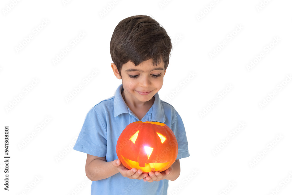 Boy with halloween pumpkin on white background. Holiday concept. Trick or treat. Jack O Lantern pumpkin Boy with halloween pumpkin on white background. Holiday concept. Trick or treat. Jack O Lantern pumpkin