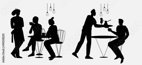 Silhouette image of a scene in a cafe or coffee shop. People sitting in cafe, chatting, and waitress taking order, outline graphic vector illustration on white background.