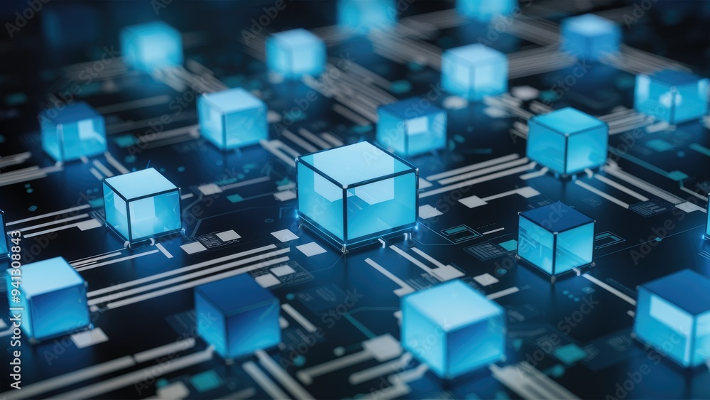 Abstract 3D illustration of a digital network showcasing luminous blue cubes and interconnected lines, representing data flow and connectivity. Abstract 3D illustration of a digital network showcasing luminous blue cubes and interconnected lines, representing data flow and connectivity.