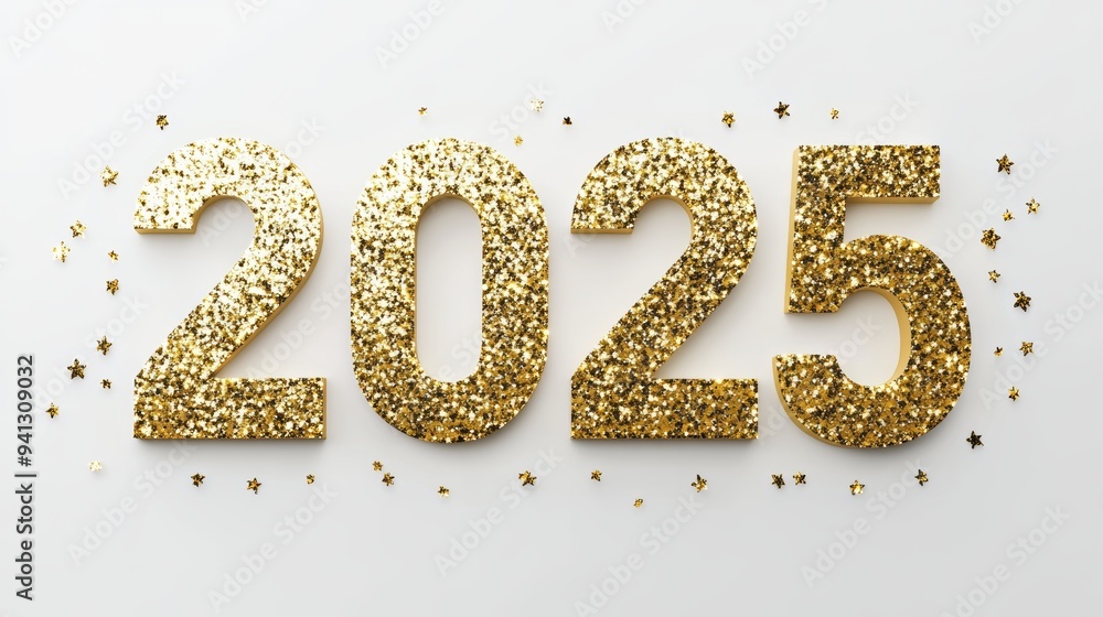 With flying confetti and ribbons, Happy New Year 2025. Gold Numbers 2025 on white background. With flying confetti and ribbons, Happy New Year 2025. Gold Numbers 2025 on white background.