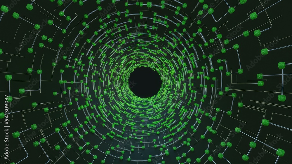 Abstract 3D tunnel or wormhole with connected green dots. Digital background. 3D rendering. Abstract 3D tunnel or wormhole with connected green dots. Digital background. 3D rendering.