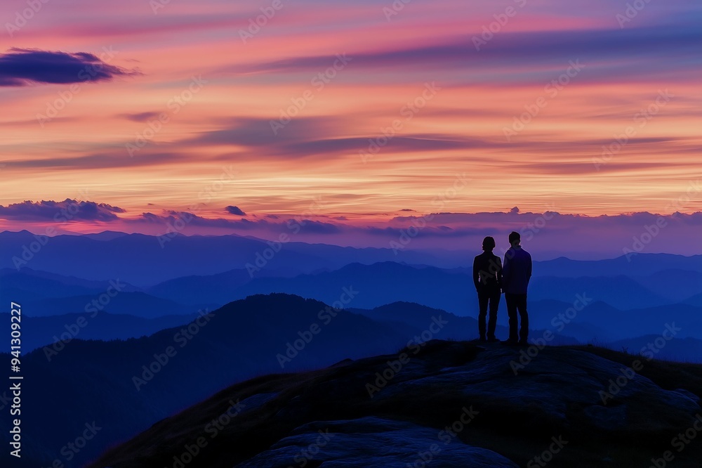 Silhouette of Couple Watching Colorful Sunset Over Mountain Range Silhouette of Couple Watching Colorful Sunset Over Mountain Range
