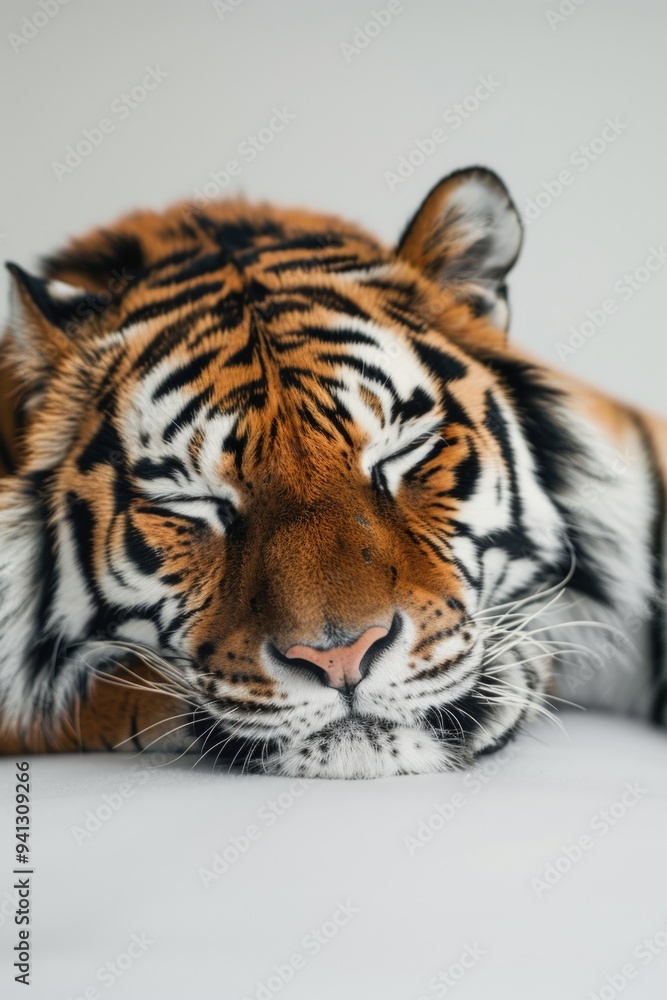 Fototapeta premium A tiger's face in a calm state, resting on a white surface