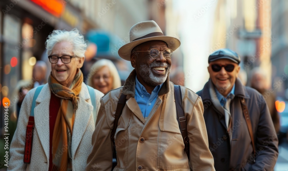 Fototapeta premium Happy group of senior people smiling at camera together outside - Delightful older friends enjoying day out walking on city street - Aged male and females pensioners hugging together outdoors