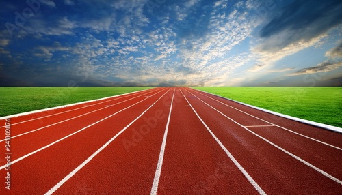 Running track race with green grass and beautiful sky background