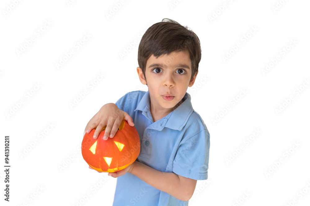 Boy with halloween pumpkin on white background. Holiday concept. Trick or treat. Jack O Lantern pumpkin Boy with halloween pumpkin on white background. Holiday concept. Trick or treat. Jack O Lantern pumpkin