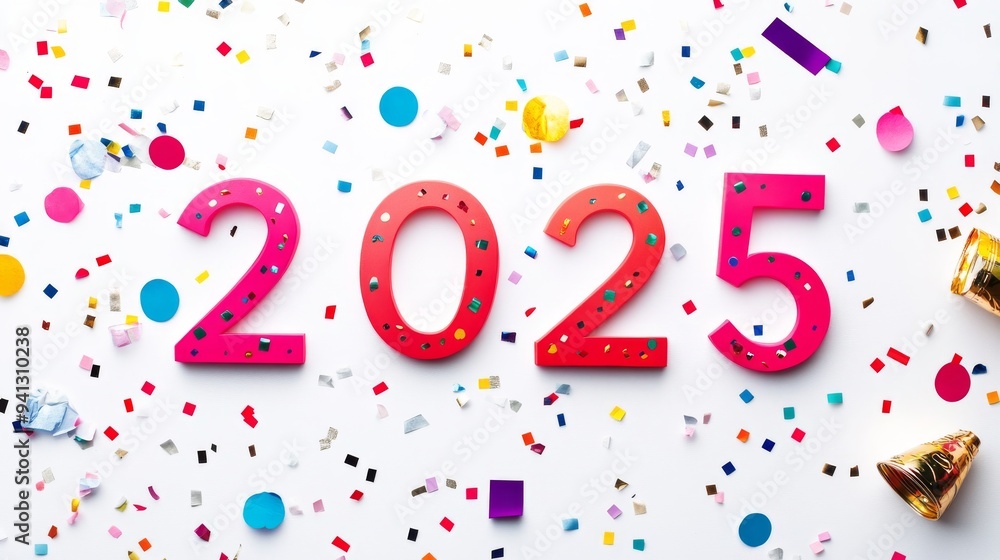 A 2025 new year party is set off by glittery numbers and ribbon streamers. A 2025 new year party is set off by glittery numbers and ribbon streamers.