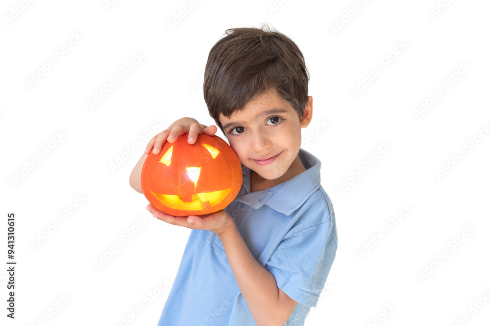 Boy with halloween pumpkin on white background. Holiday concept. Trick or treat. Jack O Lantern pumpkin Boy with halloween pumpkin on white background. Holiday concept. Trick or treat. Jack O Lantern pumpkin