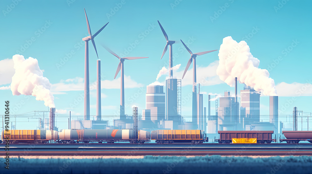 Industrial Modern A stark, industrial scene with massive wind turbines dominating the skyline. The hydrogen pipeline factory is built with a minimalist, utilitarian design Industrial Modern A stark, industrial scene with massive wind turbines dominating the skyline. The hydrogen pipeline factory is built with a minimalist, utilitarian design