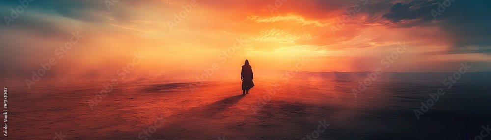 A solitary figure walks towards a vibrant sunset, surrounded by mist and rich colors, embodying tranquility and reflection. A solitary figure walks towards a vibrant sunset, surrounded by mist and rich colors, embodying tranquility and reflection.