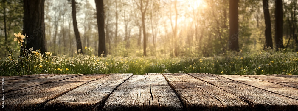 Wooden Tabletop in a Sunlit Forest Meadow Wooden Tabletop in a Sunlit Forest Meadow