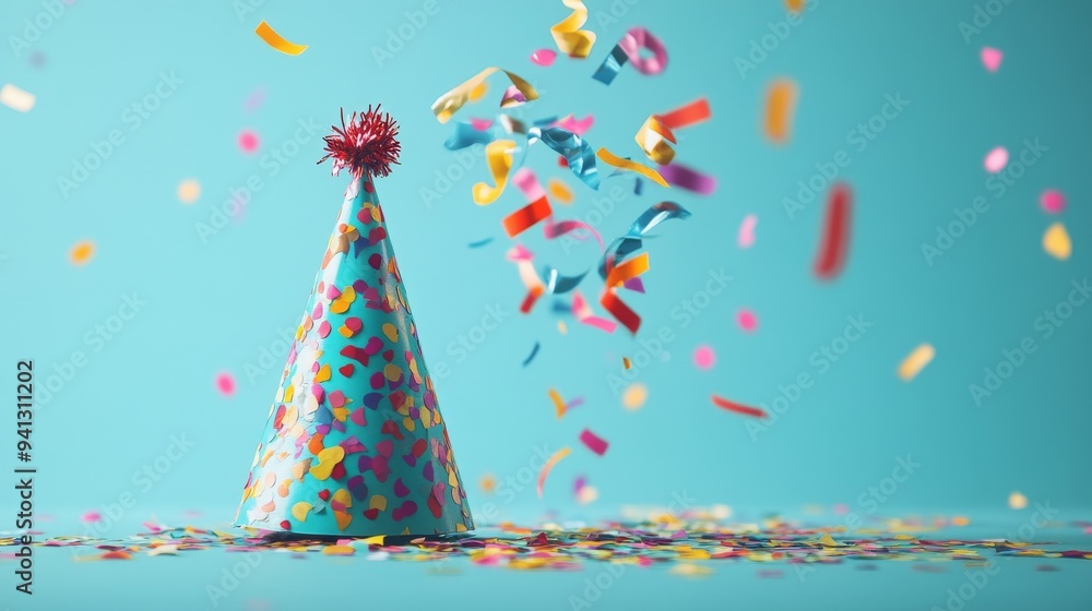 party hats and confetti in the air party hats and confetti in the air