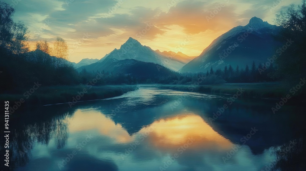 Breathtaking sunset over tranquil mountains, reflected in serene river waters, creating a peaceful natural landscape. Breathtaking sunset over tranquil mountains, reflected in serene river waters, creating a peaceful natural landscape.