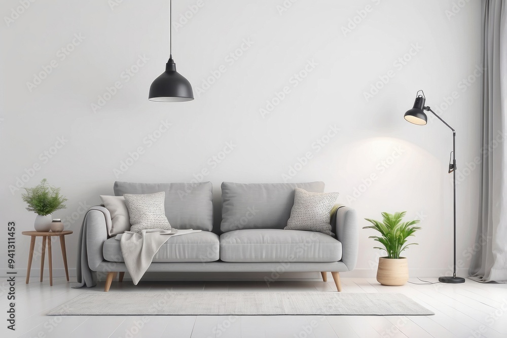 Obraz premium Grey Sofa in a Minimalist Living Room with Two Lamps