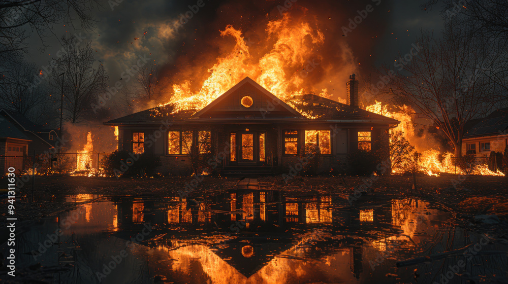 Devastating wildfire engulfs a home beneath a darkened sky during the early evening hours of summer. Generative AI Devastating wildfire engulfs a home beneath a darkened sky during the early evening hours of summer. Generative AI
