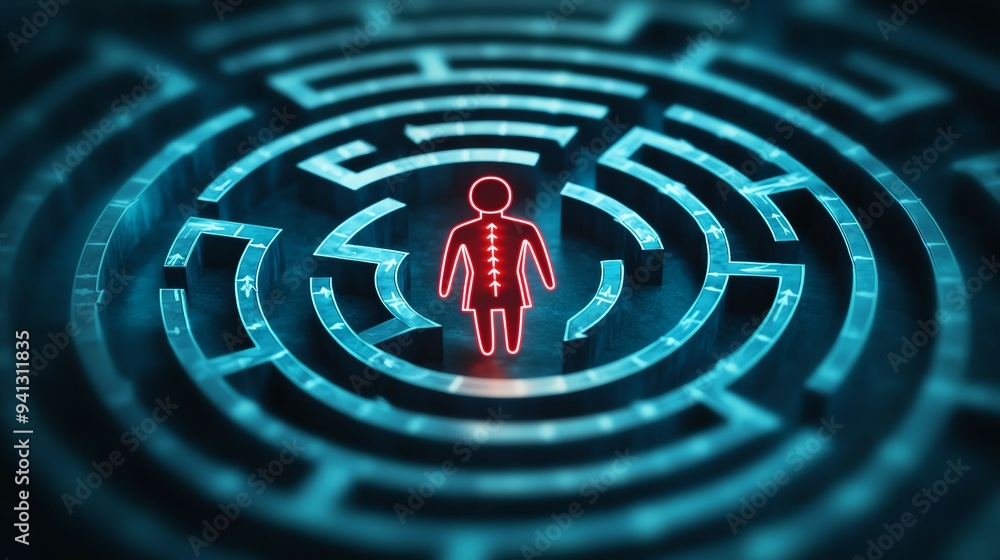 A human icon inside a maze, with arrows pointing toward it, representing the challenge of reaching target audiences effectively A human icon inside a maze, with arrows pointing toward it, representing the challenge of reaching target audiences effectively