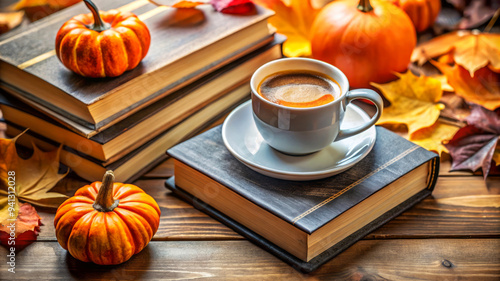 Cozy Autumn Coffee, Books, Pumpkins And Leaves.