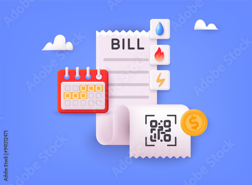 Paying bills. Payment of utility, bank, restaurant and other. Calendar and checkmark, tax or credit bill time, loan date or budget income day.