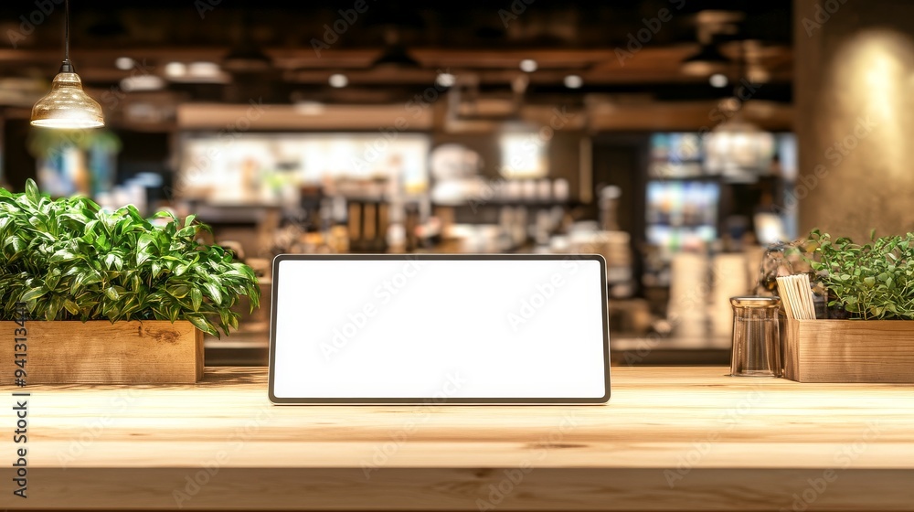 Fototapeta premium The kiosk has a blank screen in bright restaurant interior. The design concept is digital marketing and design.