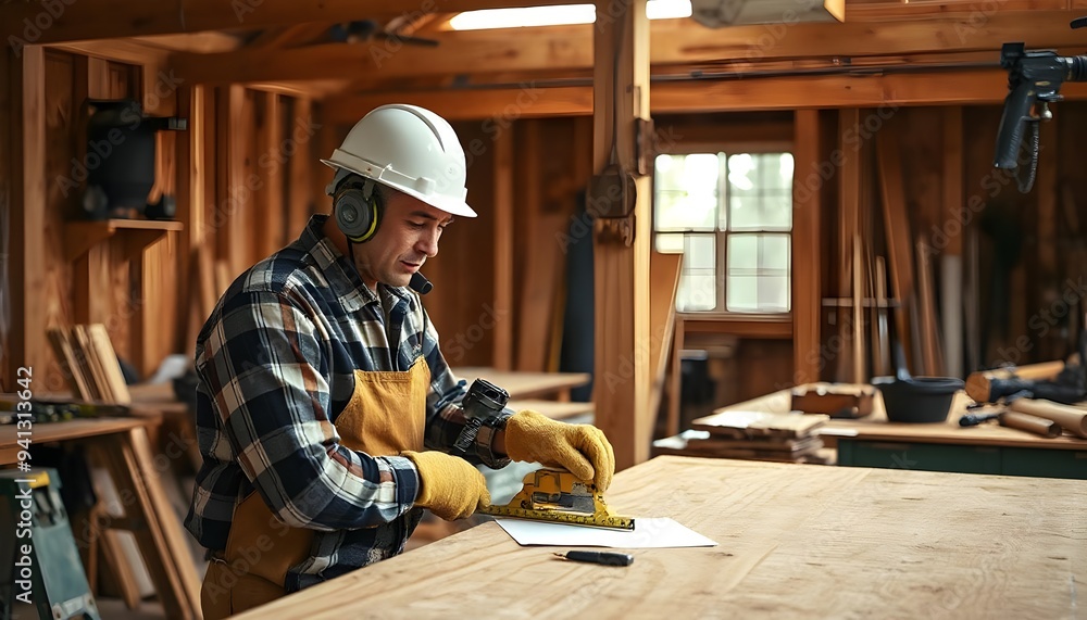 a carpenter using advanced measurement technology, concept of modern methods, efficiency in carpentry work, Worker in factory created with generative ai a carpenter using advanced measurement technology, concept of modern methods, efficiency in carpentry work, Worker in factory created with generative ai