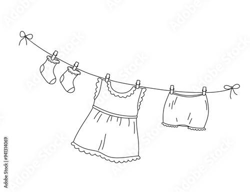 Children clothes are dried on rope after washing. Dress and socks for baby. Doodle illustration
