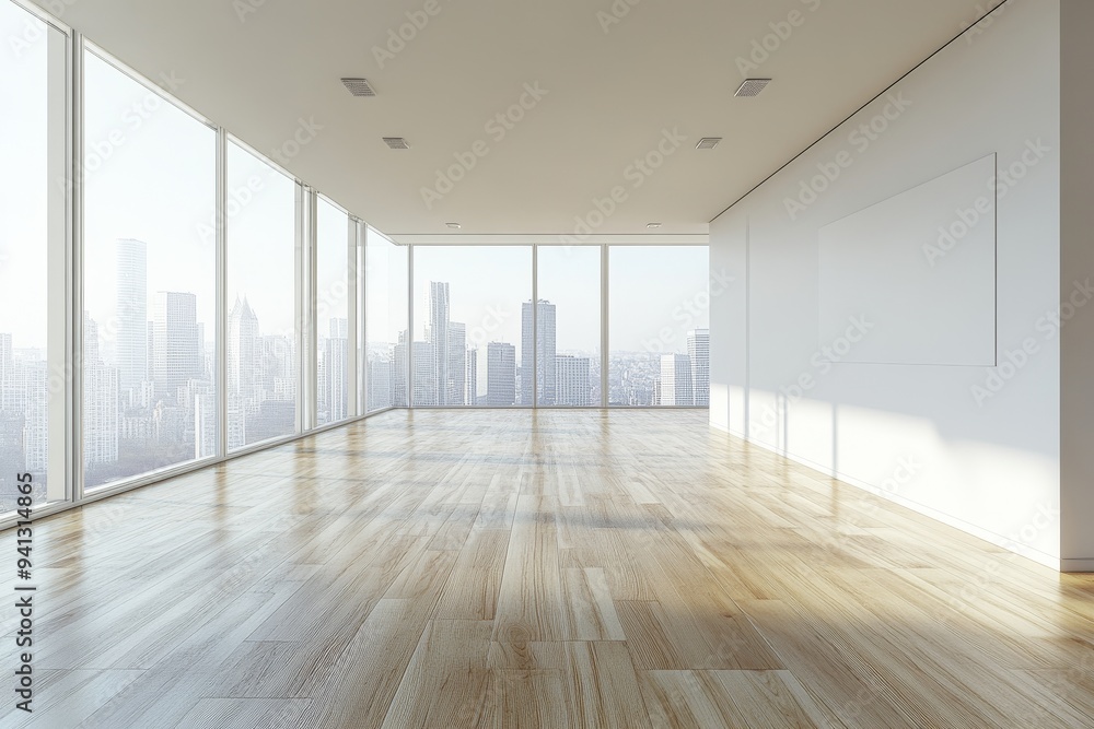 Fototapeta premium Empty room in modern apartment, skyscrapers visible through panoramic window