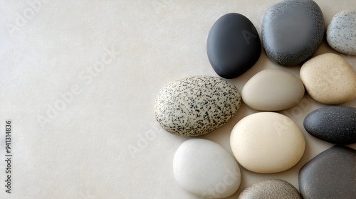 Tranquil Zen Spa Arrangement of Smooth Pebbles and Stones in Soothing Neutral Tones