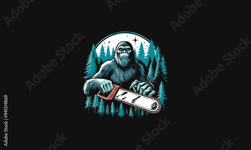 bigfoot holding saw on forest vector illustration flat design