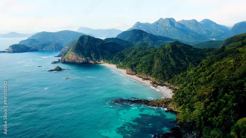 Coastal Bay and Mountain Range: Aerial Shot of Scenic Seaside Landscape Coastal Bay and Mountain Range: Aerial Shot of Scenic Seaside Landscape