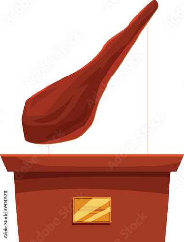 Museum stand presenting big piece of meat delicatessen on white background