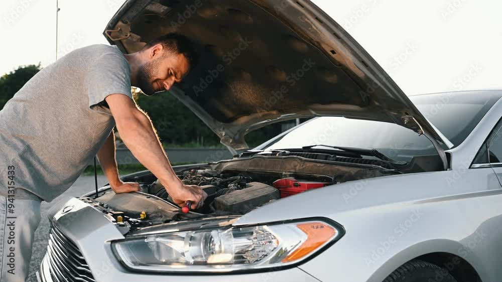 Frustrated Businessman Repairing Accident Car. Vehicle Check Engine Damage Troubles