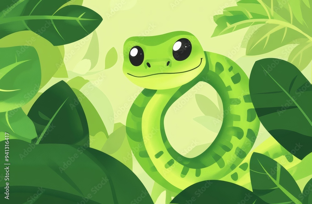 Obraz premium A cartoon illustration of a snake in the green, according to the Chinese zodiac. Happy Chinese New Year 2025.