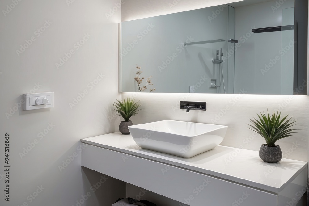 Modern Bathroom Vanity with White Sink and Plants Modern Bathroom Vanity with White Sink and Plants