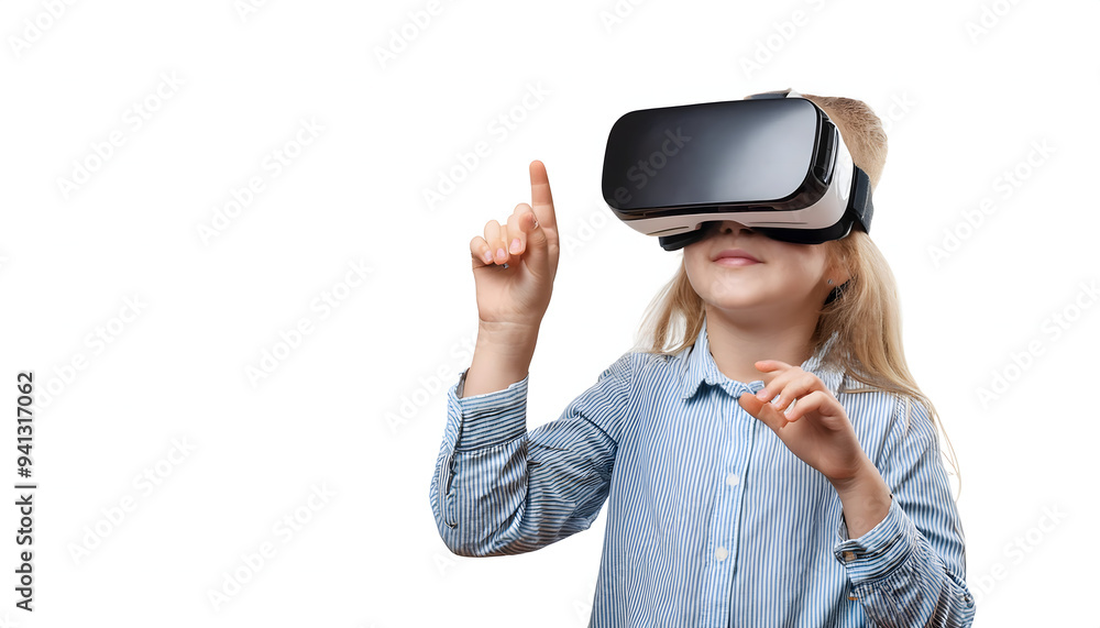 A kid woman blonde using virtual reality headset. VR, future, gadgets, technology concept A kid woman blonde using virtual reality headset. VR, future, gadgets, technology concept